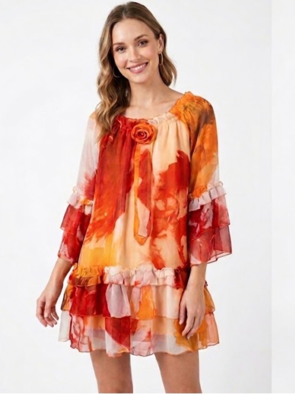 VINTAGE Jeff Gallano 100% Silk 70s boho tiered ruffle mini tunic dress 1/XS